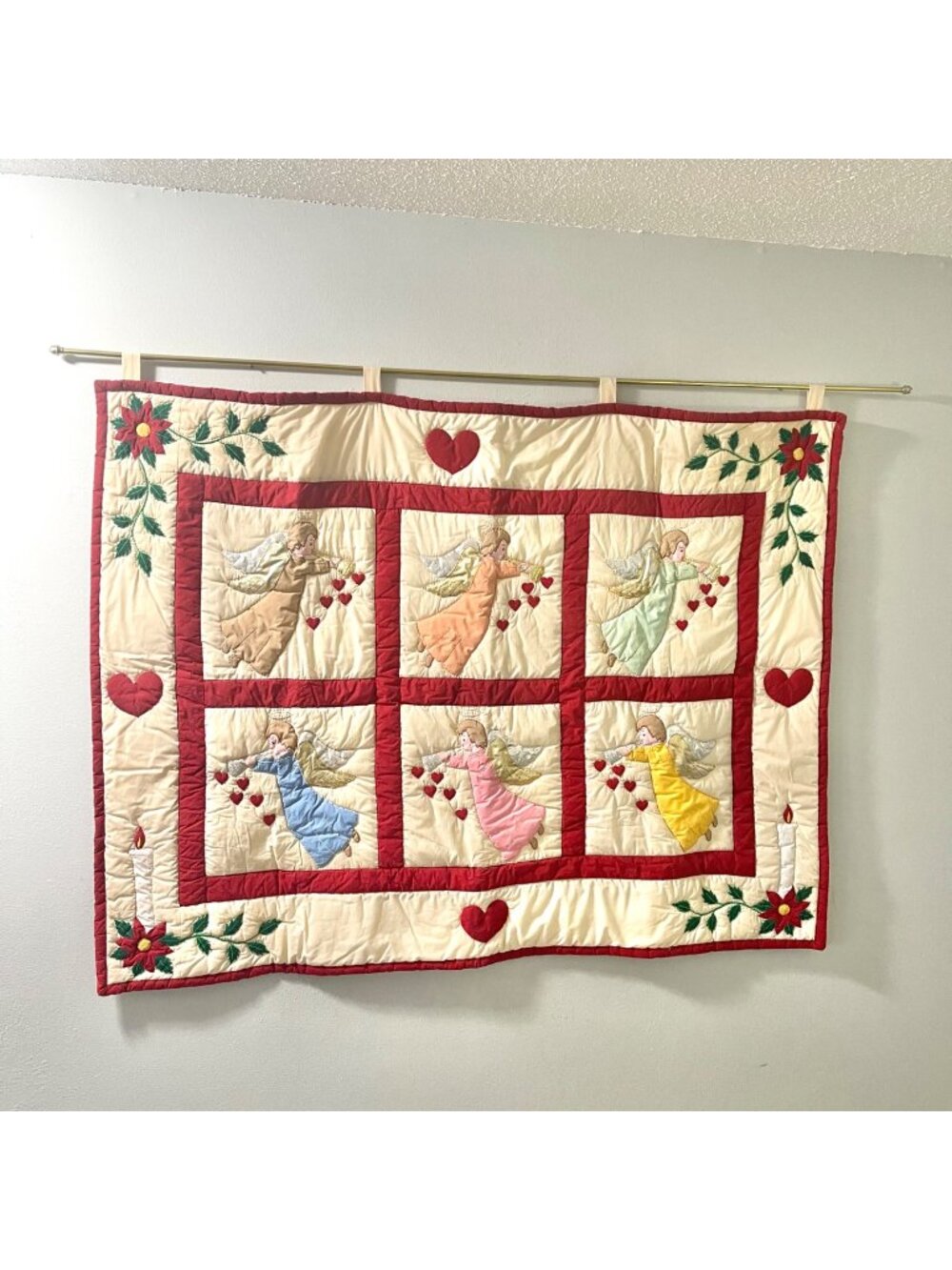 Vintage Handmade Multicolored Angel Quilted Tapestry Hanging Wall Decor